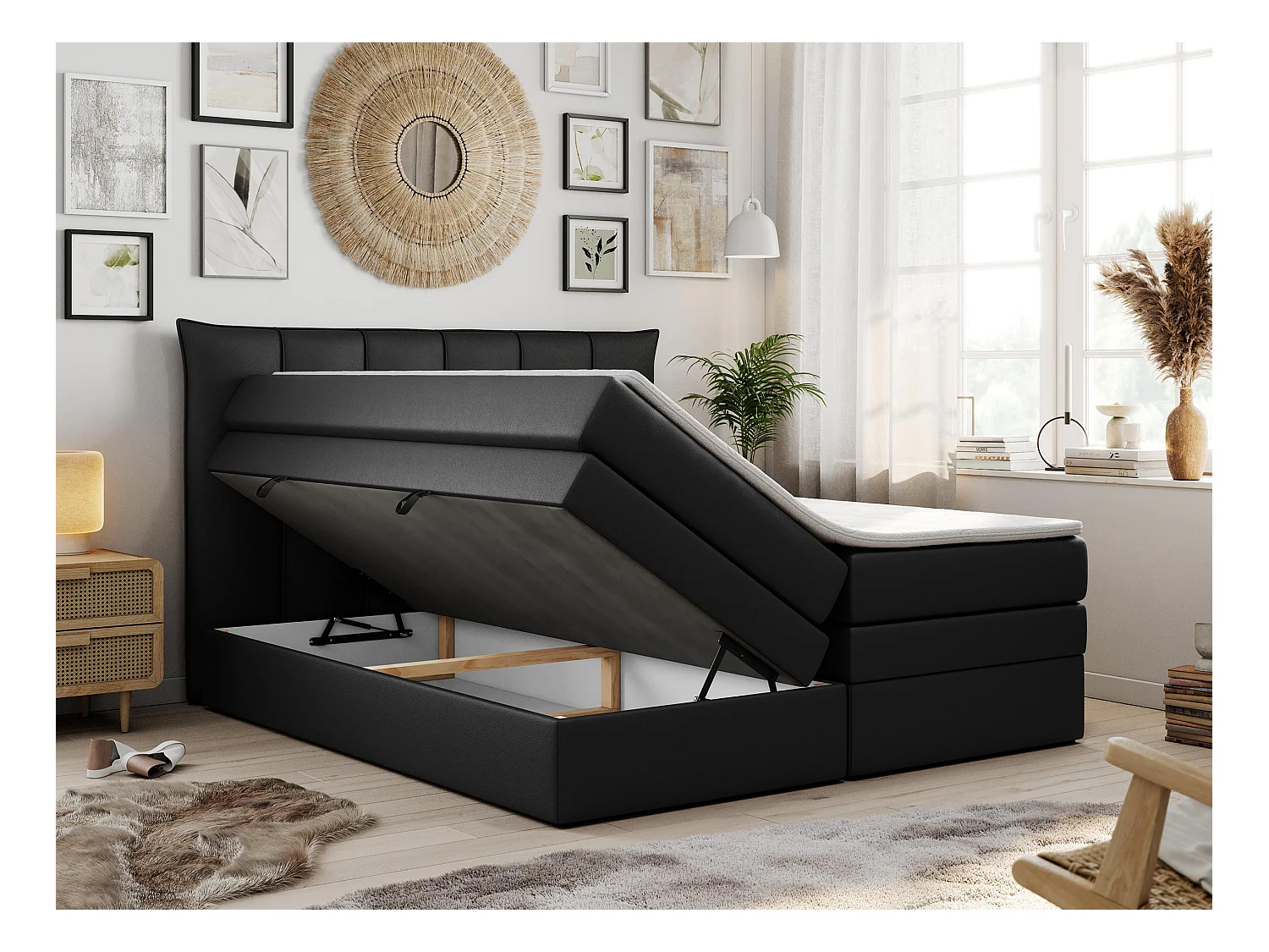 Boxspringbett PREMIUM 10 KING, Doppelbett mit Stauraum, gesteppte Kopfstütze, Multipocket-Matratze - 140x200 cm - H4 - Schwarz Kunstleder