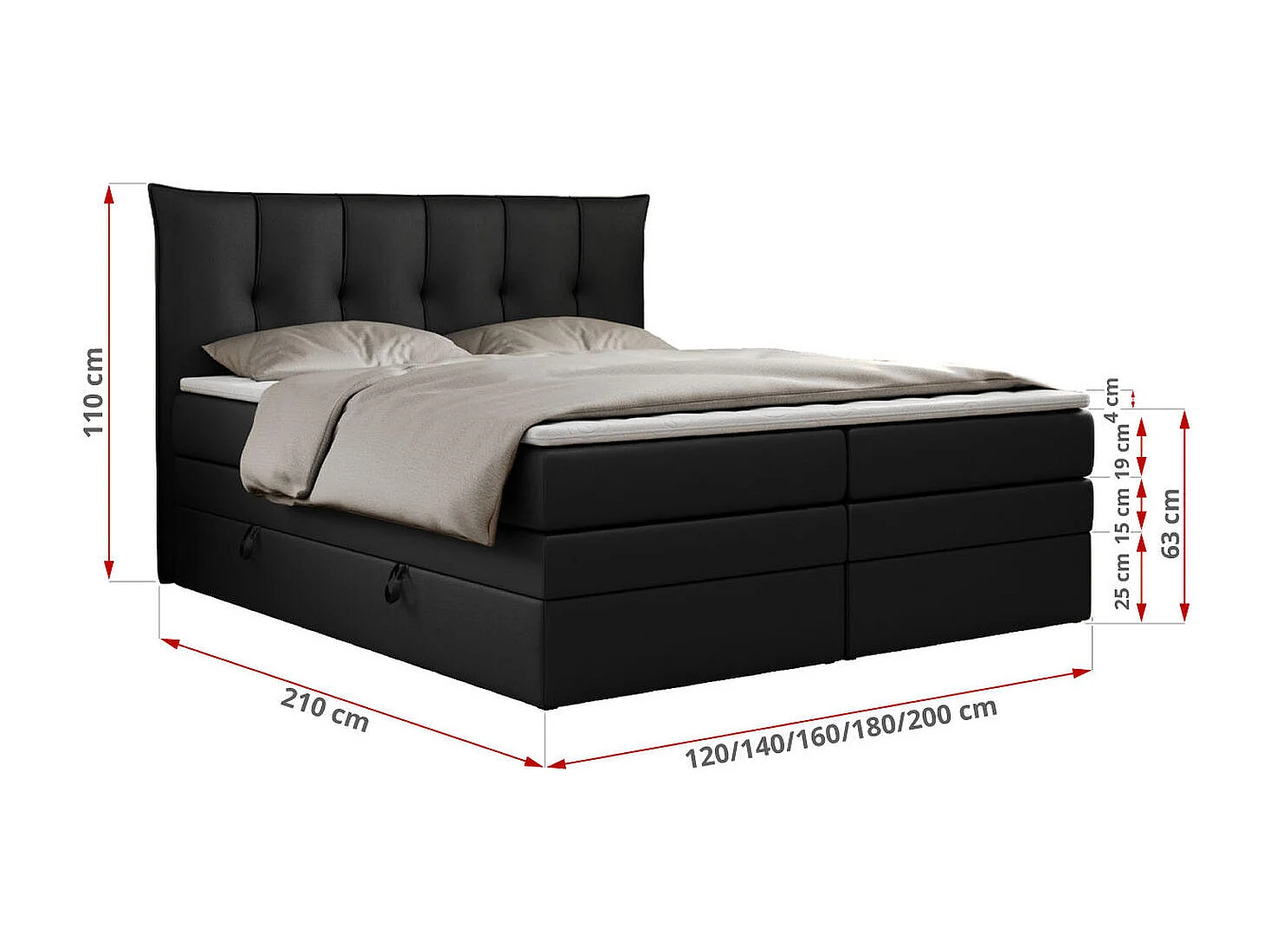 Boxspringbett PREMIUM 10 KING, Doppelbett mit Stauraum, gesteppte Kopfstütze, Multipocket-Matratze - 140x200 cm - H4 - Schwarz Kunstleder
