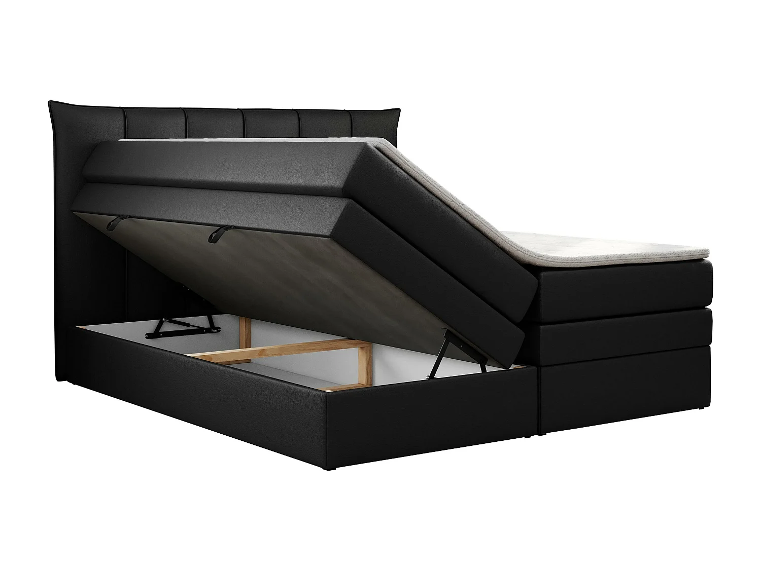 Boxspringbett PREMIUM 10 KING, Doppelbett mit Stauraum, gesteppte Kopfstütze, Multipocket-Matratze - 140x200 cm - H4 - Schwarz Kunstleder