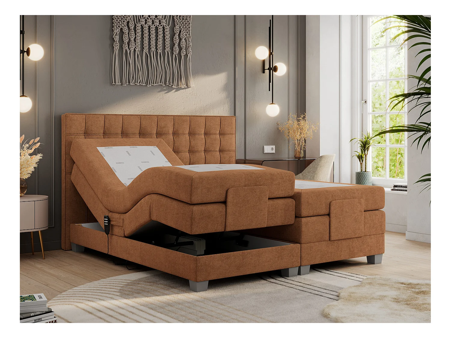 Boxspringbett ELEKTRO mit Multipocket-Matratze, Elektrisch verstellbare, genähtes Kopfteil - 160x200 cm - H3 - Orange Strukture