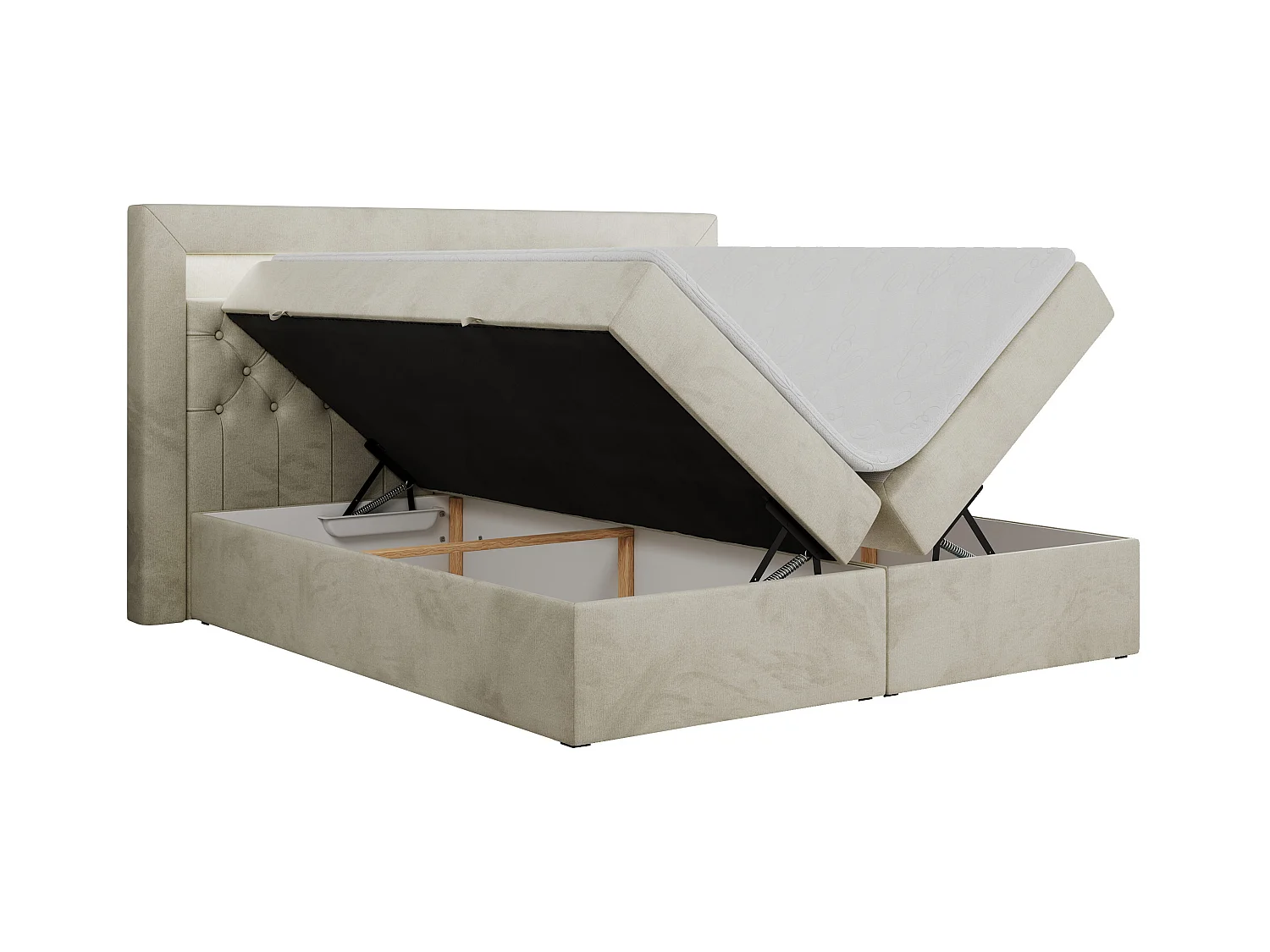 Boxspringbett GOLD 6, Doppelbett mit Stauraum, LED-Beleuchtung, gesteppte Kopfstütze - 200x200 cm - H3 - Beige Velvet