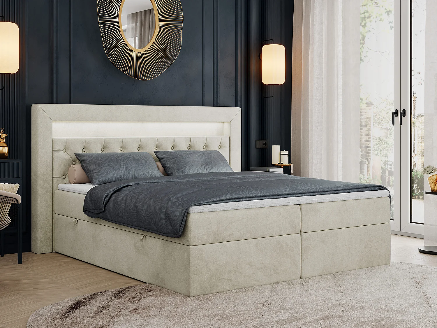 Boxspringbett GOLD 6, Doppelbett mit Stauraum, LED-Beleuchtung, gesteppte Kopfstütze - 200x200 cm - H3 - Beige Velvet