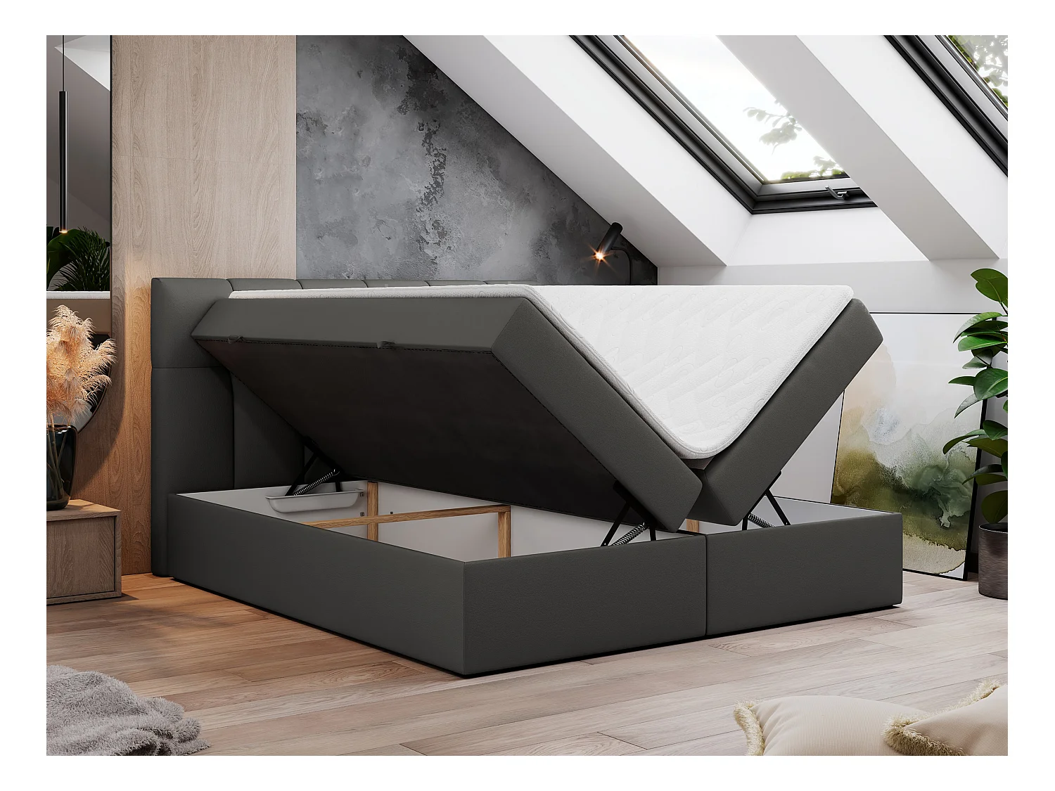 Boxspringbett RICO, Doppelbett mit Matratze, zwei Bettkästen, Bett mit Kopfteil - 180x200 cm - H3 - Dunkelgrau Kunstleder