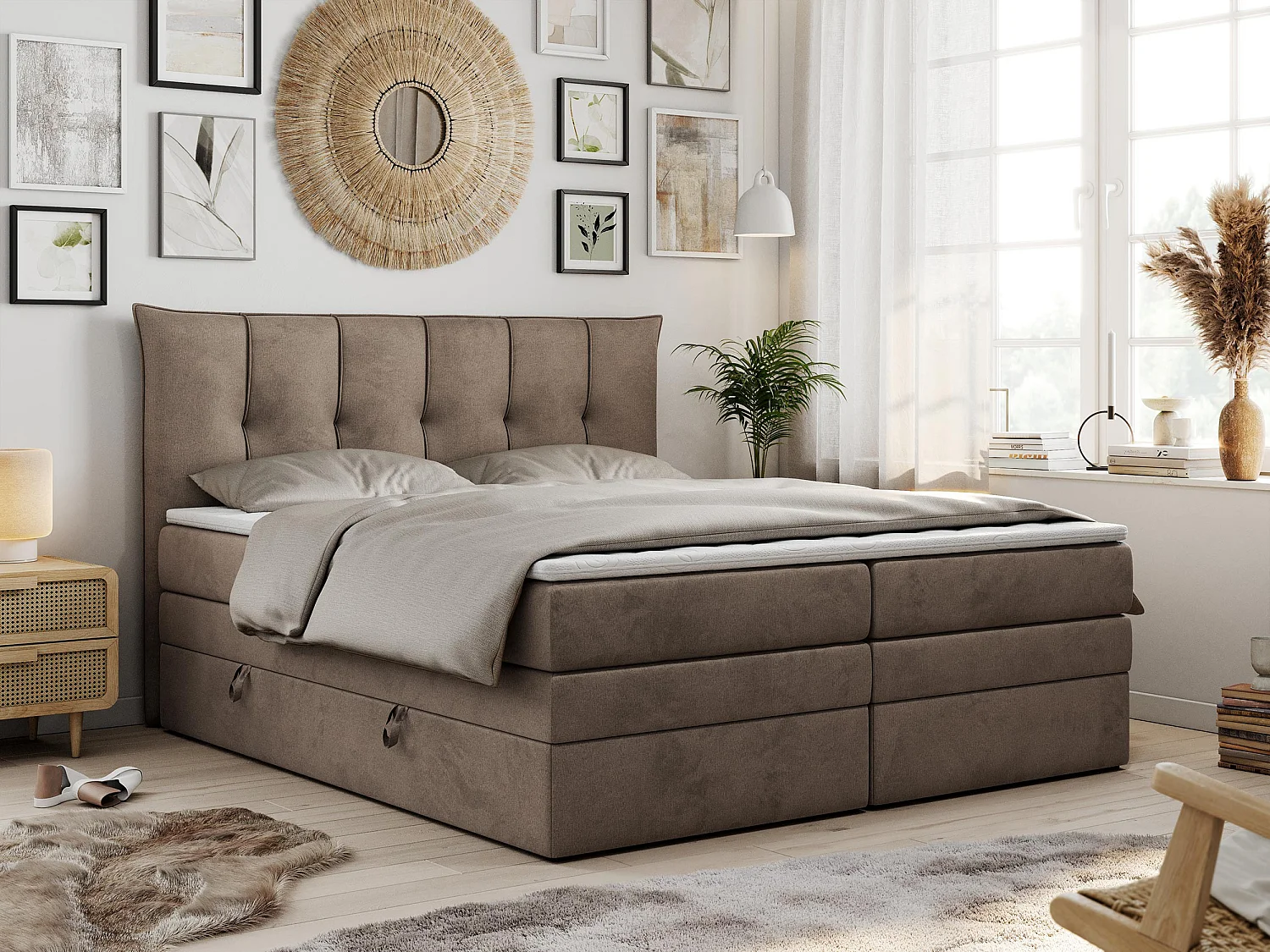 Boxspringbett PREMIUM 10 KING, Doppelbett mit Stauraum, gesteppte Kopfstütze, Multipocket-Matratze - 180x200 cm - H4 - Braun Velvet