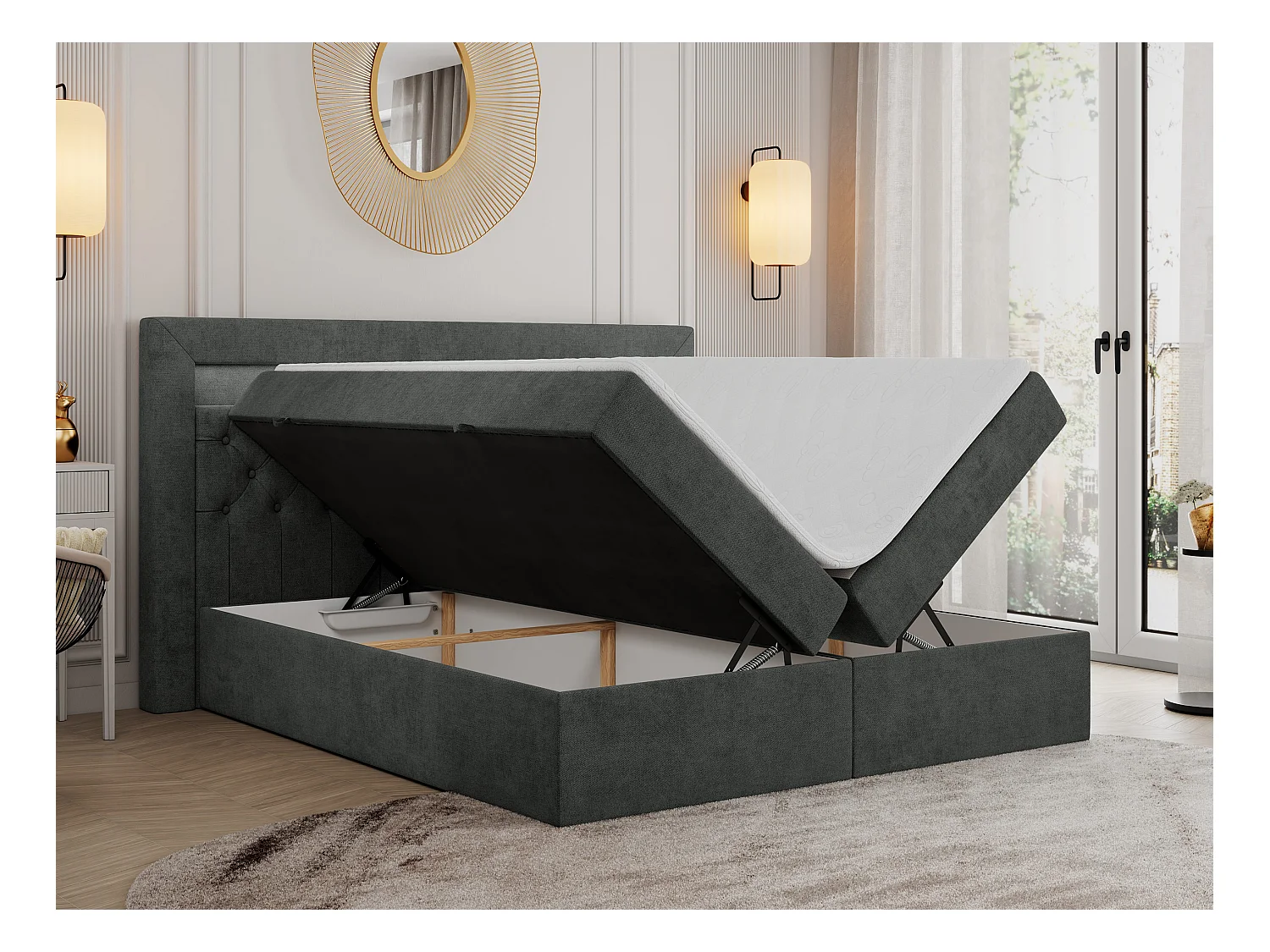 Boxspringbett GOLD 6, Doppelbett mit Stauraum, LED-Beleuchtung, gesteppte Kopfstütze - 160x200 cm - H4 - Dunkelgrau Strukture
