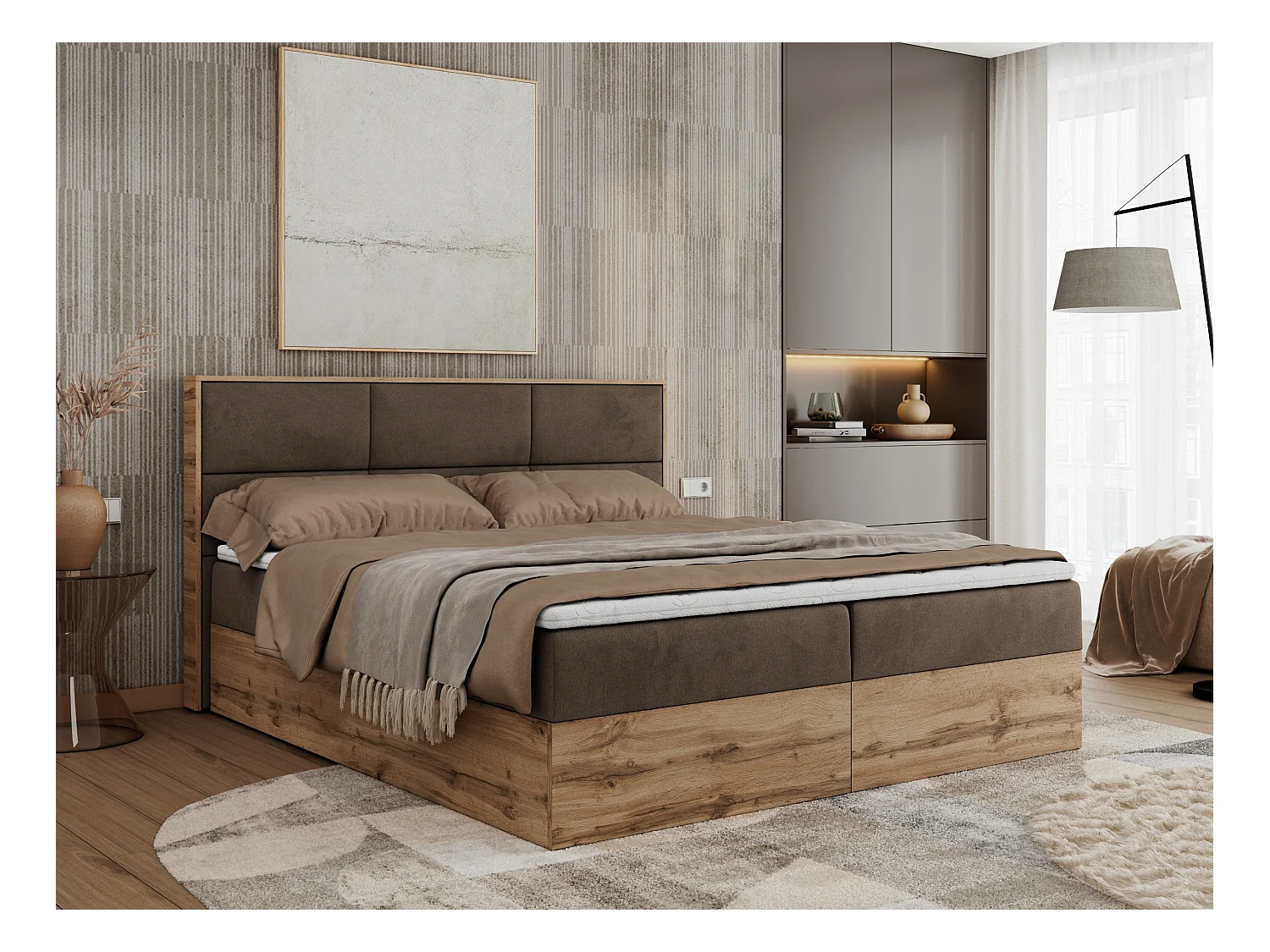 Boxspringbett ALBERO 2 mit Topper und Multipocket-Matratze, Stauraum, Holzrahmen - 180x200 cm - H4 - Braun Velvet