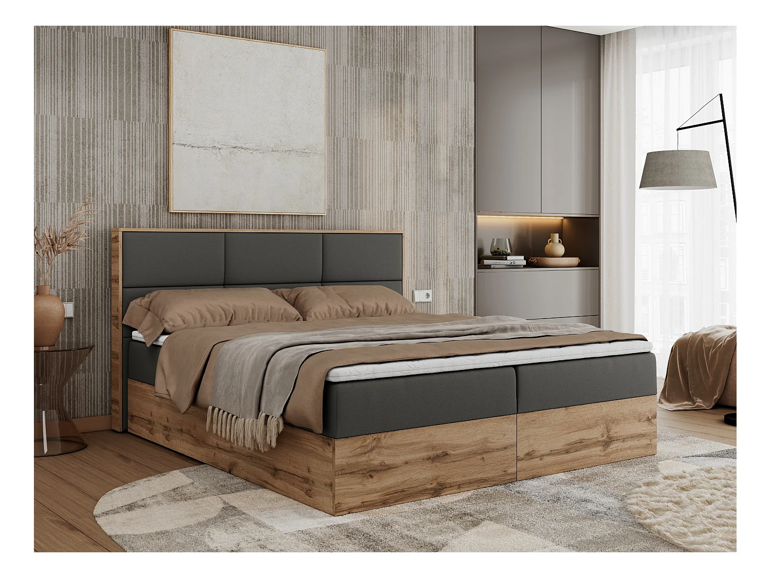 Boxspringbett ALBERO 2 mit Topper und Multipocket-Matratze, Stauraum, Holzrahmen - 180x200 cm - H4 - Dunkelgrau Kunstleder