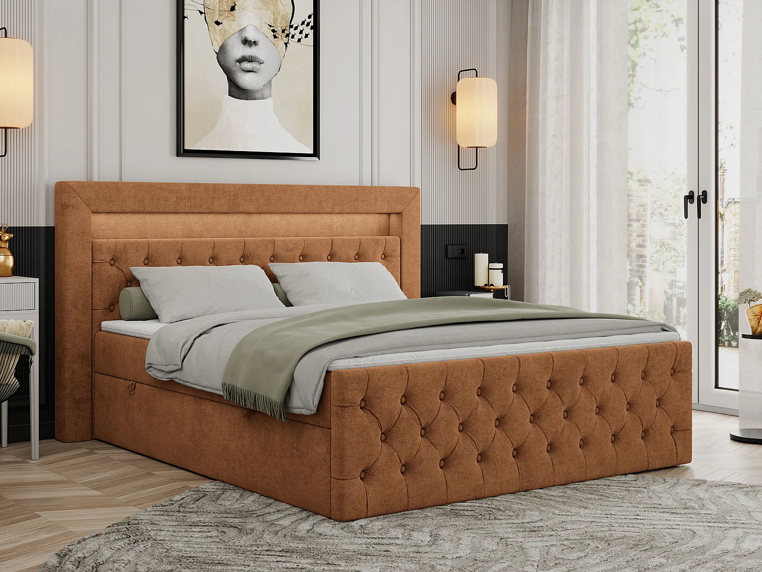 Boxspringbett GOLD 9 mit Stauraum, Multipocket-Matratze, gestepptes Bett, LED Beleuchtung - 200x200 cm - H4 - Orange Strukture