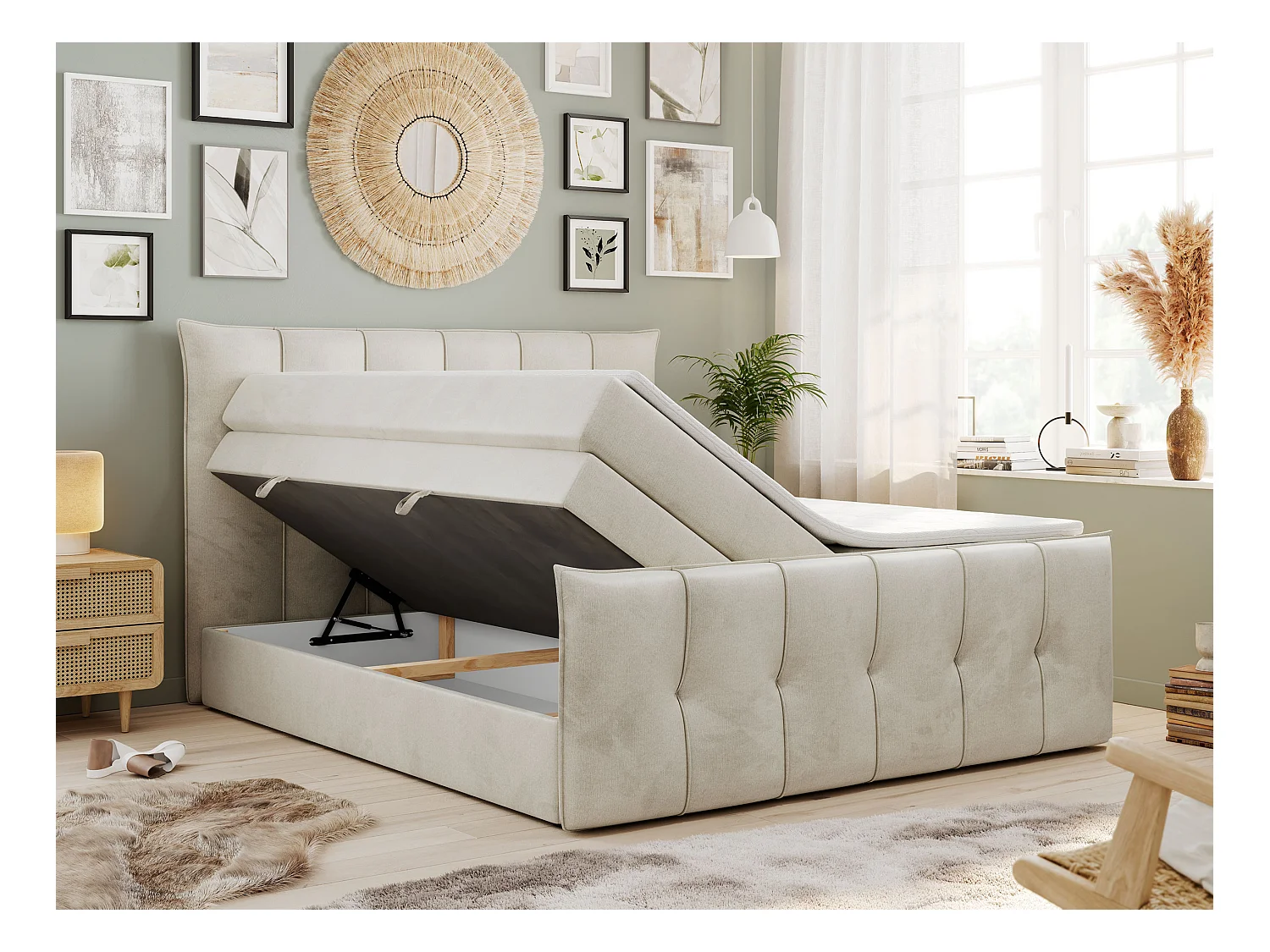 Boxspringbett PREMIUM 11 KING mit Stauraum, gestepptes Kopfteil, zwei Multipocket-Matratzen - 140x200 cm - H3 - Beige Velvet