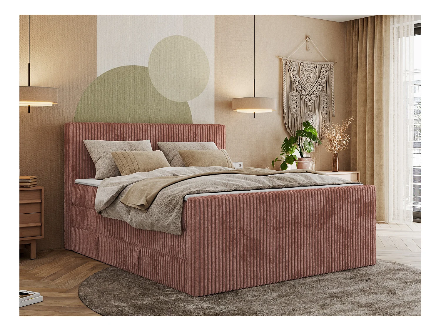 Boxspringbett TILIANO KING DUO, mit zwei Bettkästen, Cord Bett Multipocket-Matratze - 140x200 cm - H3 - Rosa Cord