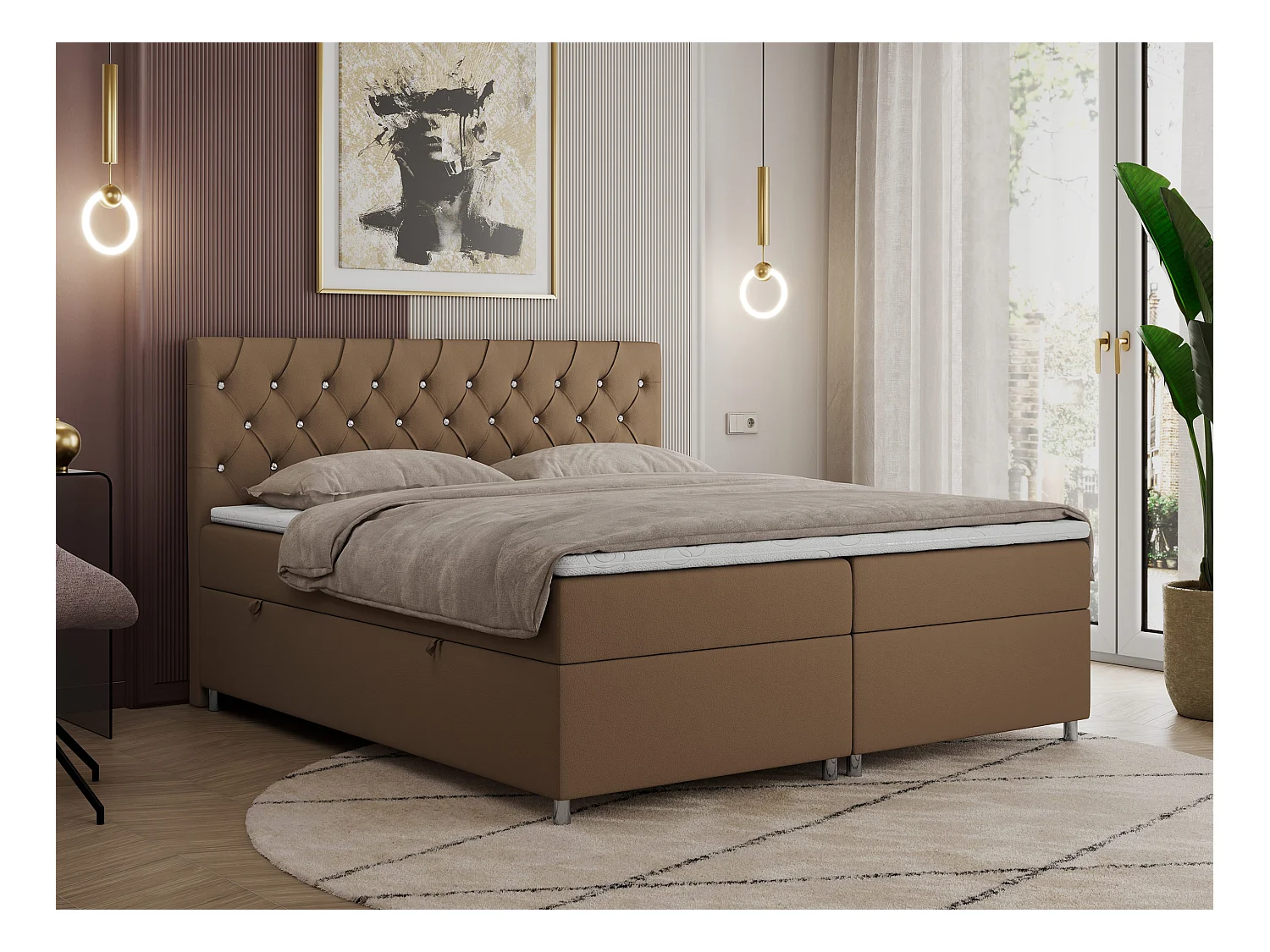 Boxspringbett ROMA mit gestepptem Kopfteil, Multipocket-Matratze, dekorative Füße - 120x200 cm - H3 - Braun Kunstleder