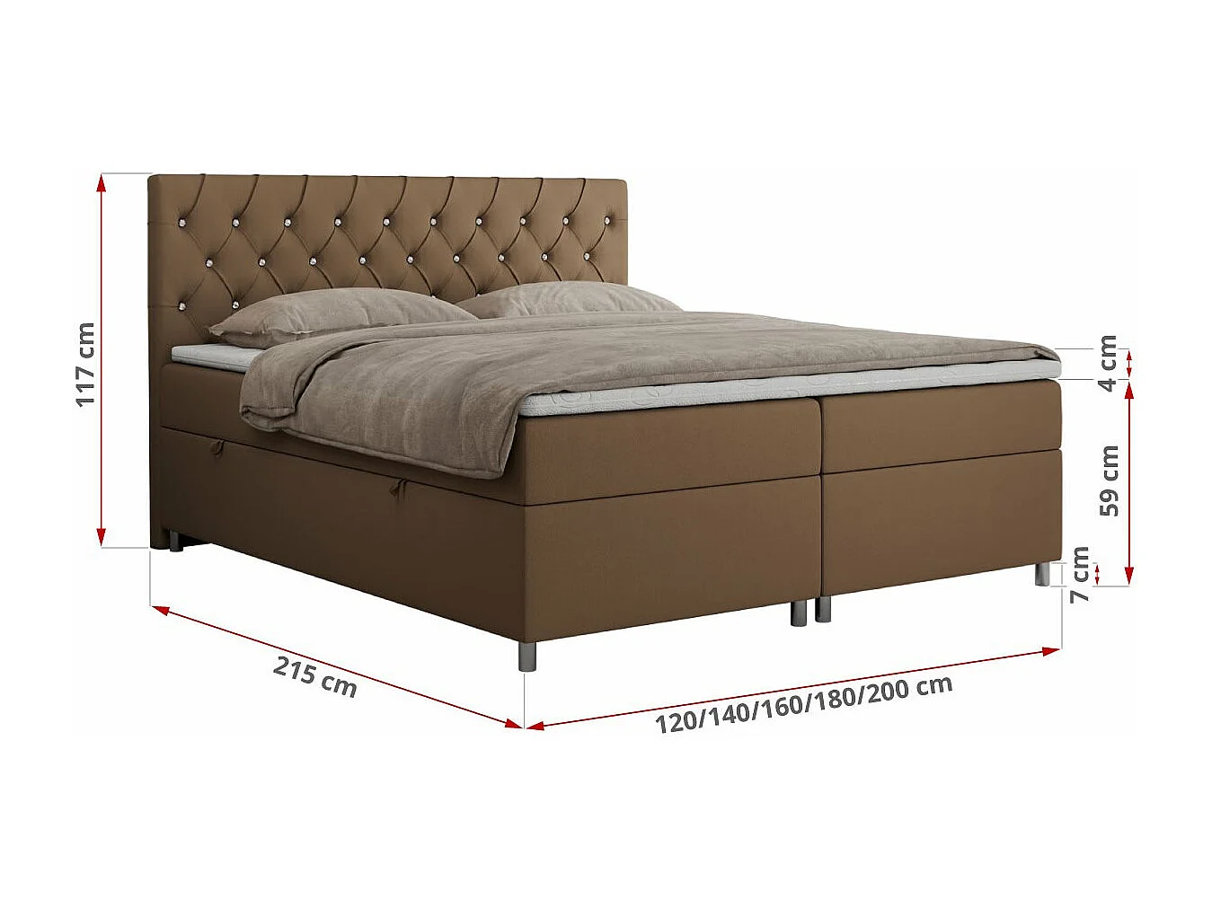 Boxspringbett ROMA mit gestepptem Kopfteil, Multipocket-Matratze, dekorative Füße - 120x200 cm - H3 - Braun Kunstleder