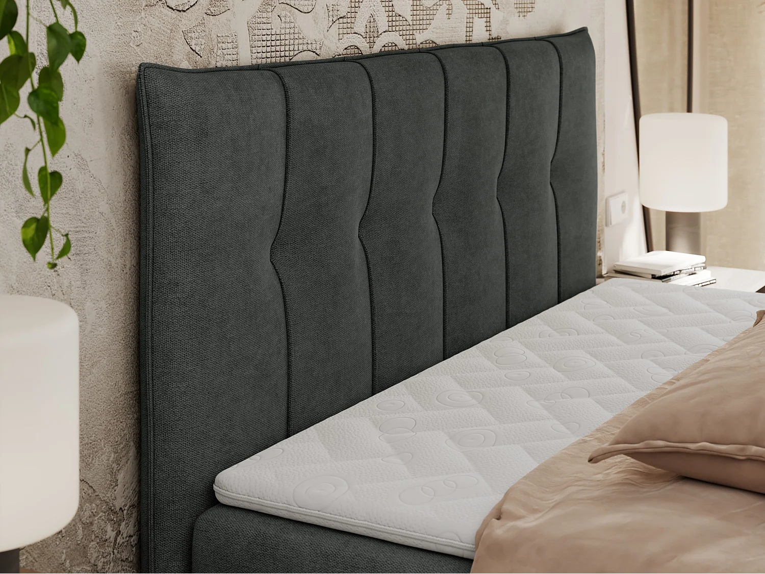 Boxspringbett PREMIUM 10 mit Multipocket-Matratze, gesteppte Kopfstütze, zwei Bettkästen - 120x200 cm - H4 - Dunkelgrau Strukture