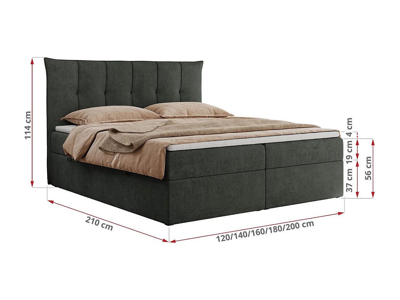 Boxspringbett PREMIUM 10 mit Multipocket-Matratze, gesteppte Kopfstütze, zwei Bettkästen - 120x200 cm - H4 - Dunkelgrau Strukture