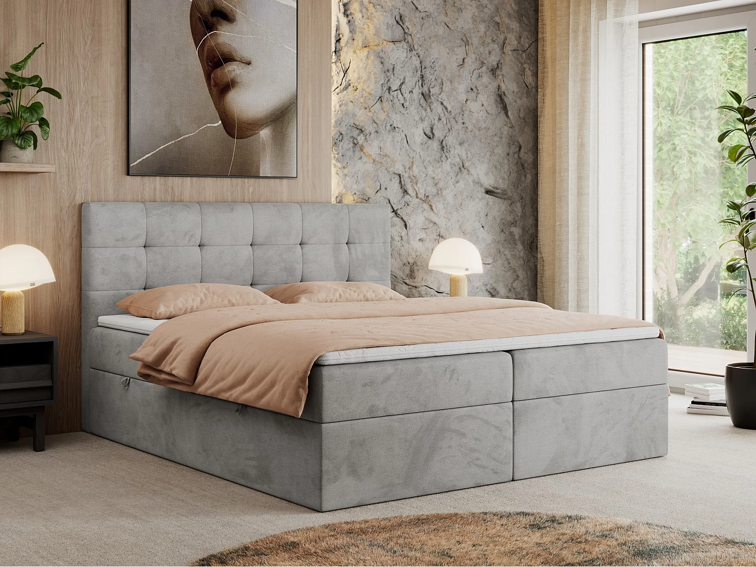 Boxspringbett CENTOS mit gestepptem Kopfteil, Multipocket-Matratze, Doppelbett mit Stauraum - 140x200 cm - H3 - Hellgrau Velvet