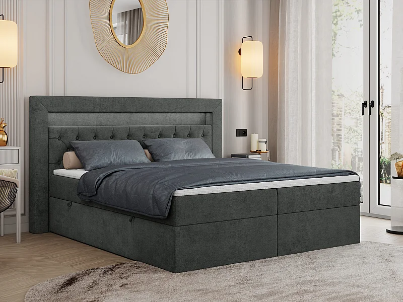 Boxspringbett GOLD 6, Doppelbett mit Stauraum, LED-Beleuchtung, gesteppte Kopfstütze - 200x200 cm - H4 - Dunkelgrau Strukture