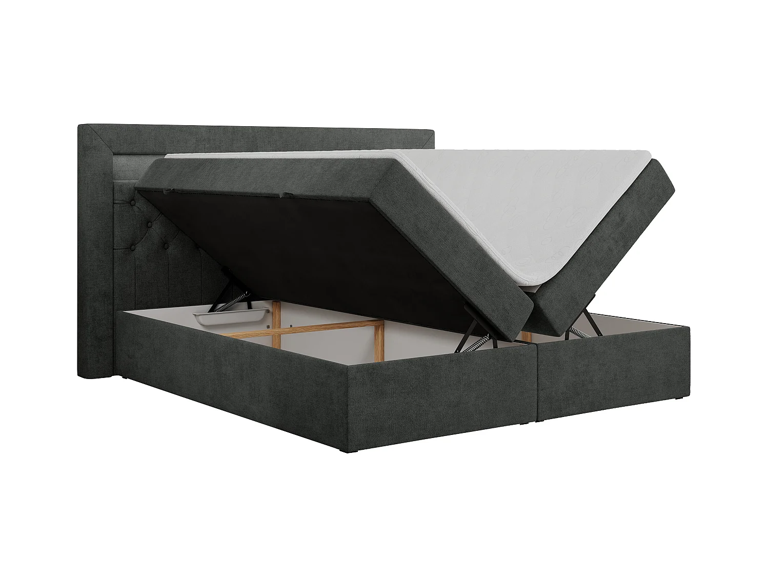 Boxspringbett GOLD 6, Doppelbett mit Stauraum, LED-Beleuchtung, gesteppte Kopfstütze - 200x200 cm - H4 - Dunkelgrau Strukture