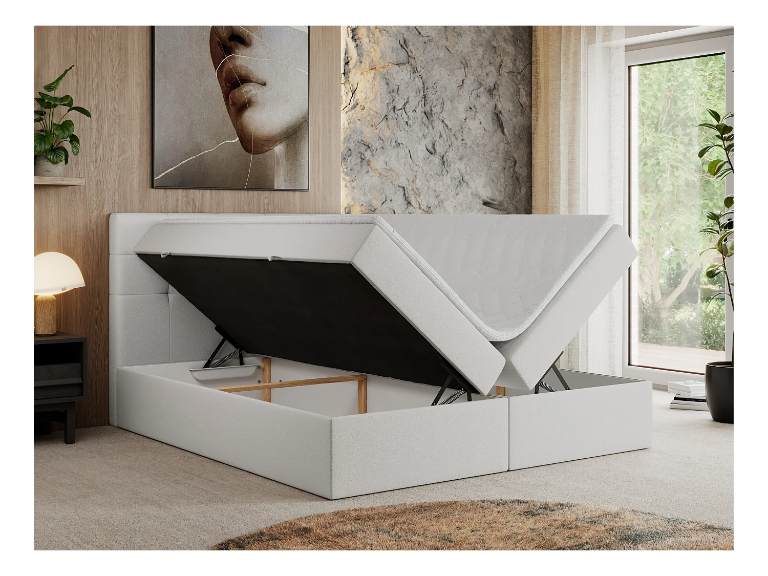 Boxspringbett CENTOS mit gestepptem Kopfteil, Multipocket-Matratze, Doppelbett mit Stauraum - 200x200 cm - H4 - Weiß Kunstleder