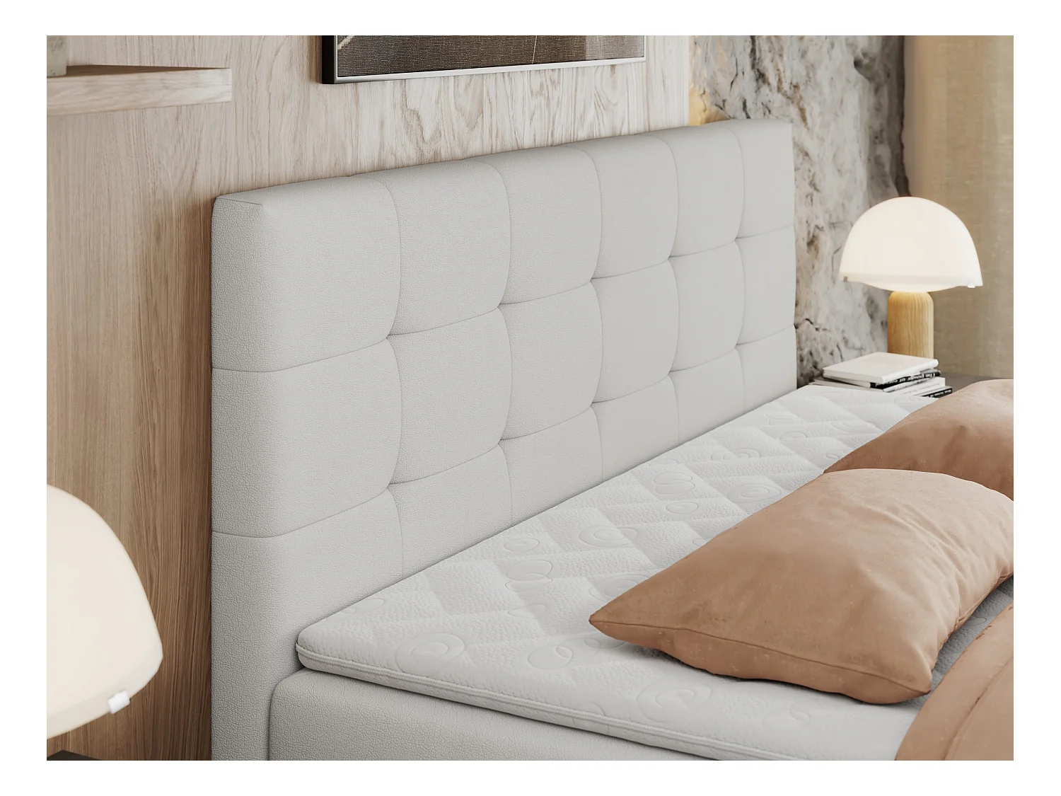 Boxspringbett CENTOS mit gestepptem Kopfteil, Multipocket-Matratze, Doppelbett mit Stauraum - 200x200 cm - H4 - Weiß Kunstleder