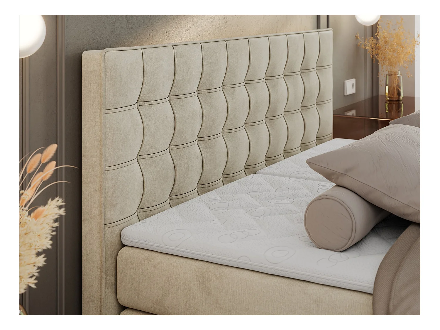 Boxspringbett ELEKTRO mit Multipocket-Matratze, Elektrisch verstellbare, genähtes Kopfteil - 160x200 cm - H3 - Beige Velvet