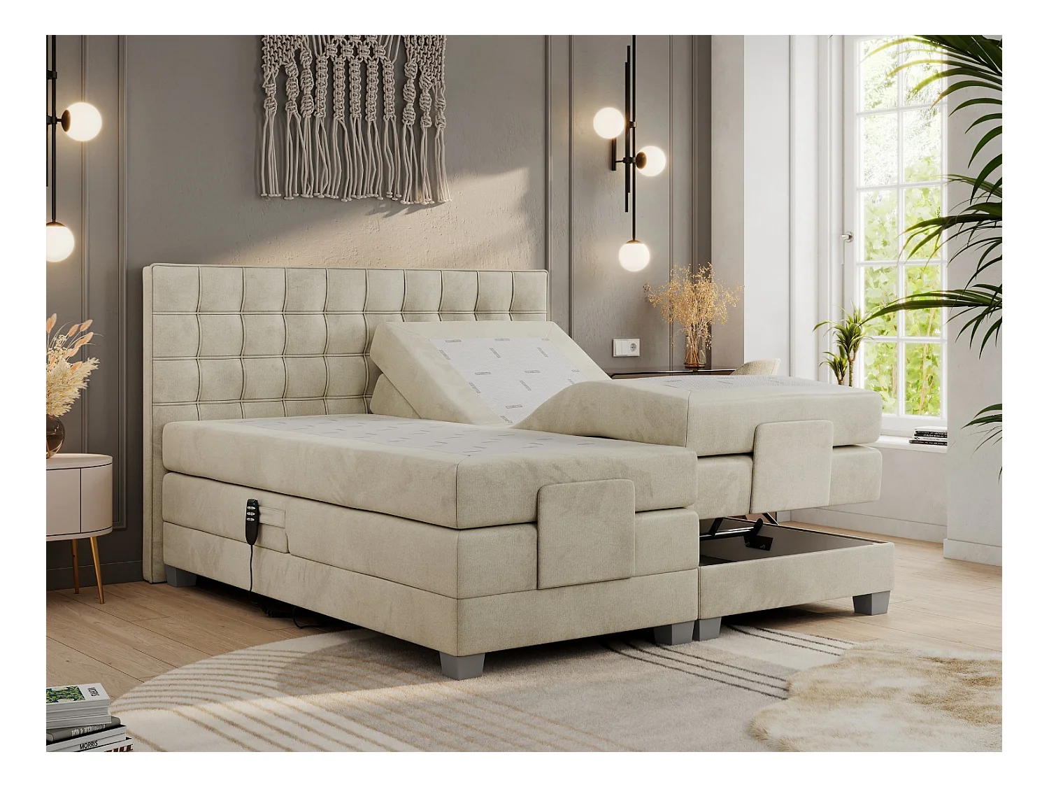 Boxspringbett ELEKTRO mit Multipocket-Matratze, Elektrisch verstellbare, genähtes Kopfteil - 160x200 cm - H3 - Beige Velvet
