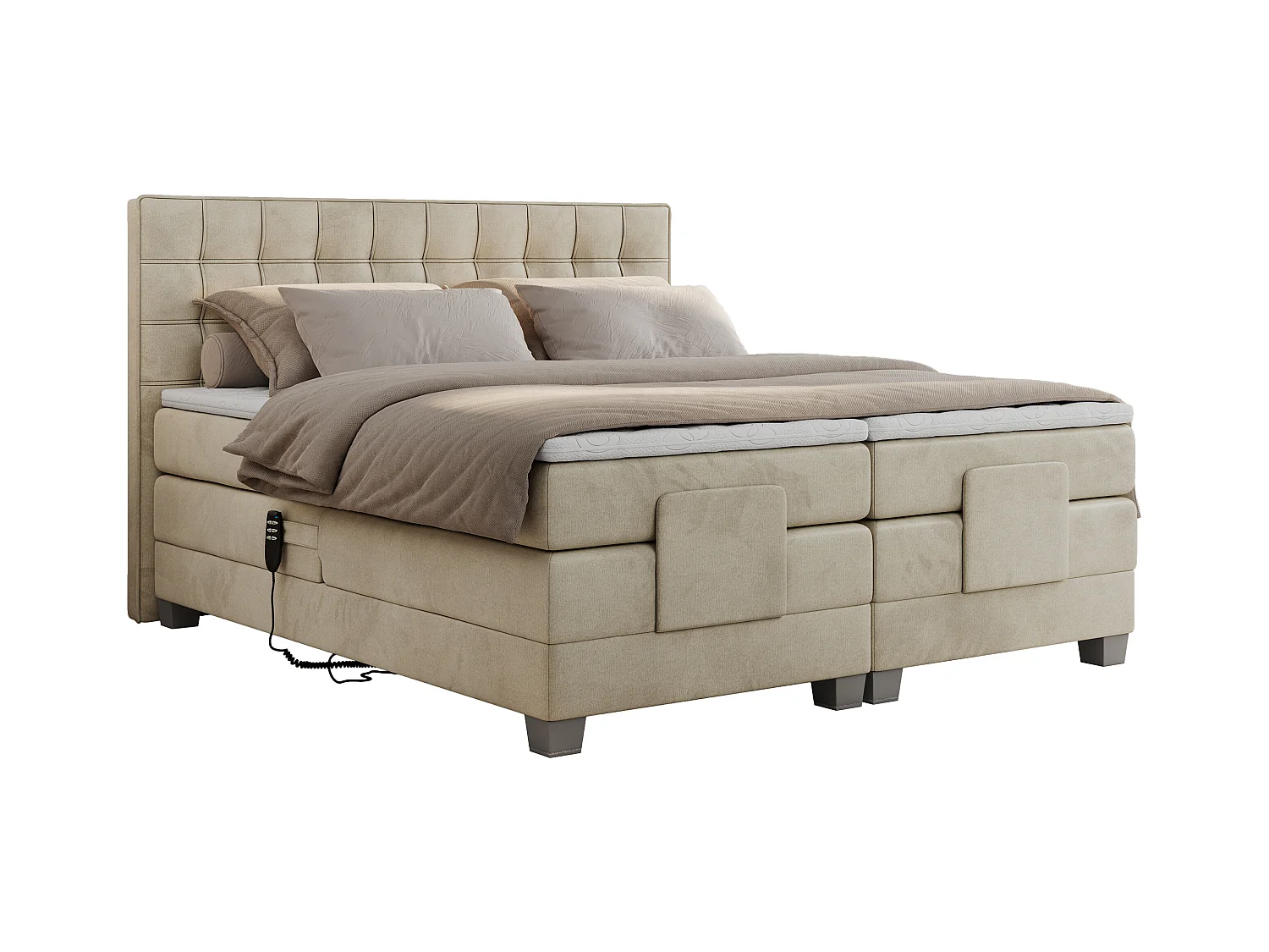 Boxspringbett ELEKTRO mit Multipocket-Matratze, Elektrisch verstellbare, genähtes Kopfteil - 160x200 cm - H3 - Beige Velvet