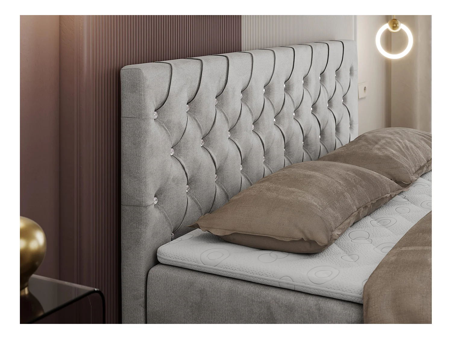 Boxspringbett ROMA mit gestepptem Kopfteil, Multipocket-Matratze, dekorative Füße - 140x200 cm - H3 - Hellgrau Velvet