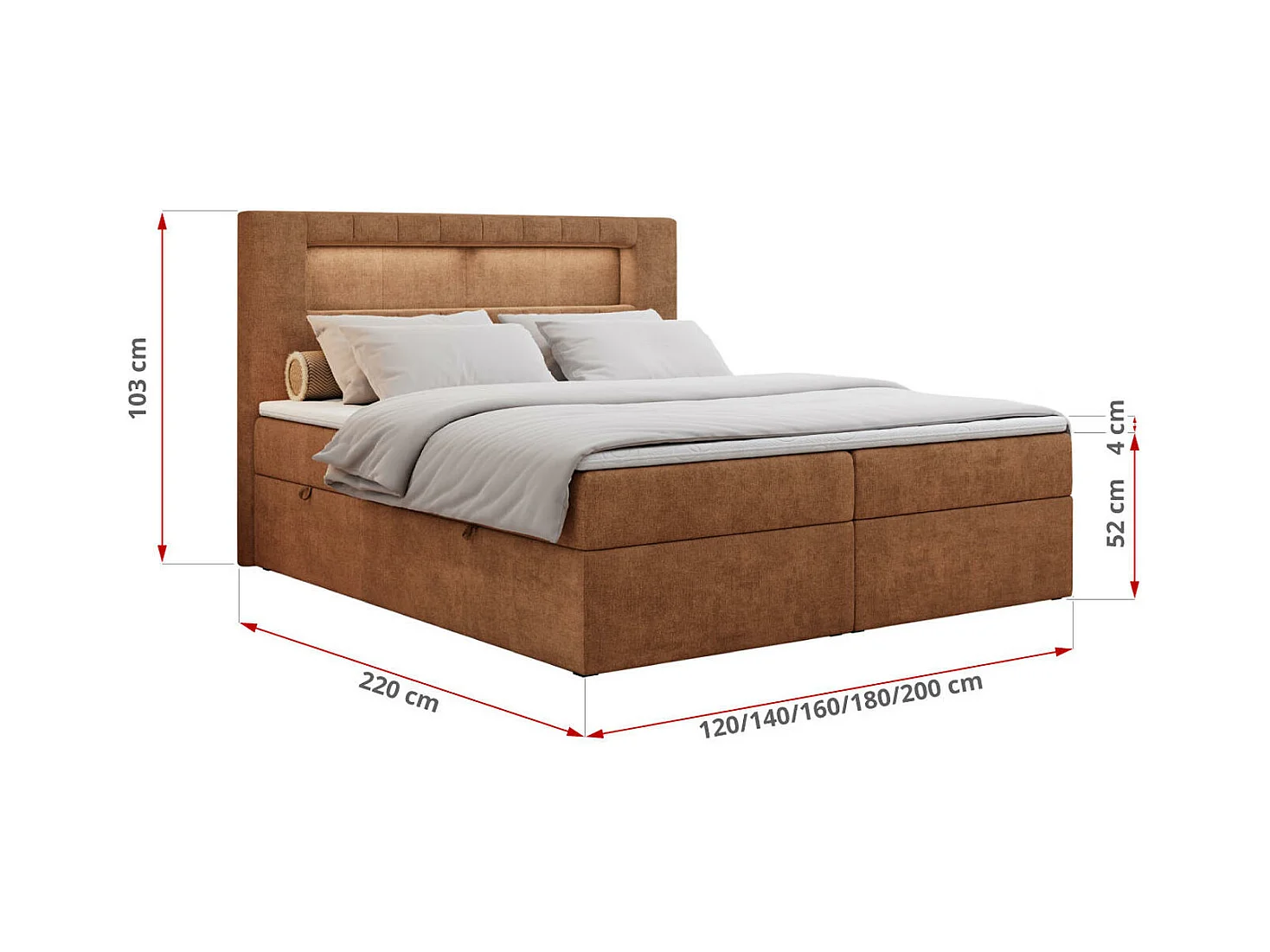 Boxspringbett GOLD 5 mit Multipocket-Matratze und LED, zwei Bettkästen - 200x200 cm - H3 - Orange Strukture