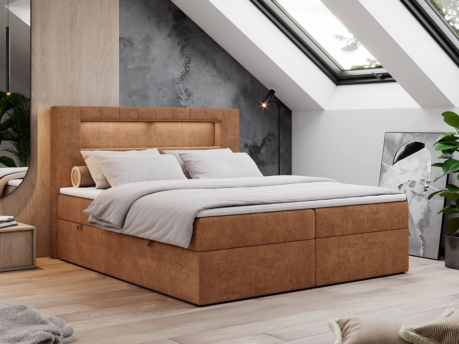 Boxspringbett GOLD 5 mit Multipocket-Matratze und LED, zwei Bettkästen - 200x200 cm - H3 - Orange Strukture