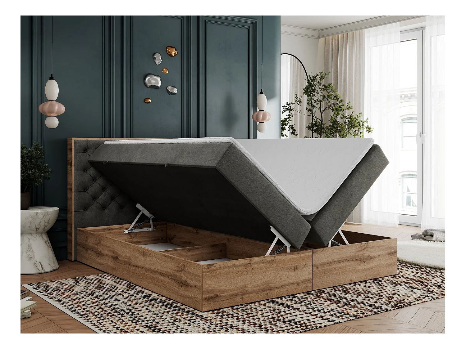Boxspringbett ALBERO 3 - gesteppte Kopfstütze, Eiche Wotan Holzrahmen, Stauraum - 120x200 cm - H4 - Dunkelgrau Velvet