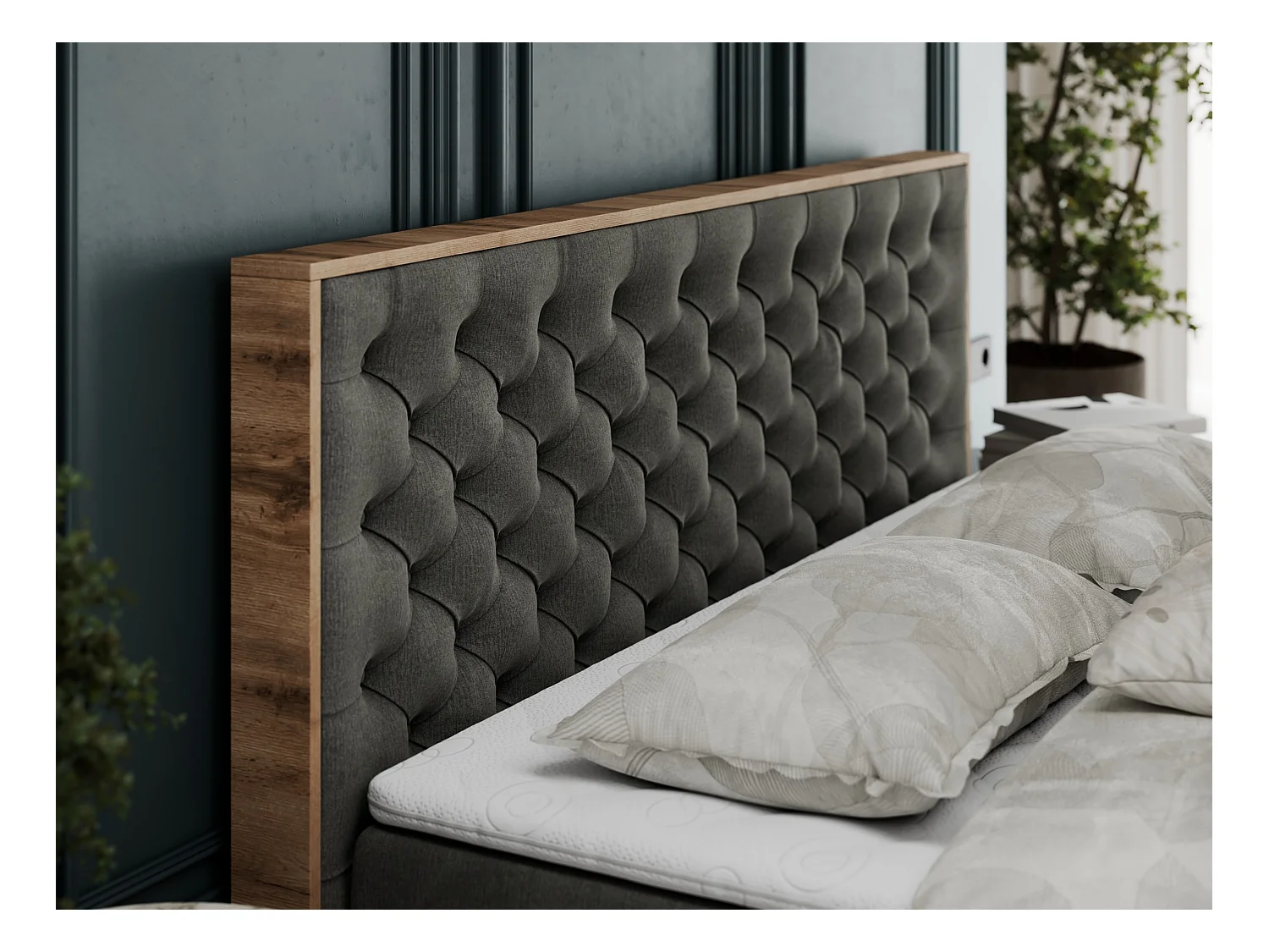 Boxspringbett ALBERO 3 - gesteppte Kopfstütze, Eiche Wotan Holzrahmen, Stauraum - 120x200 cm - H4 - Dunkelgrau Velvet