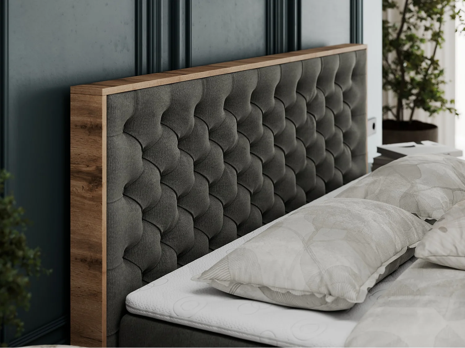 Boxspringbett ALBERO 3 - gesteppte Kopfstütze, Eiche Wotan Holzrahmen, Stauraum - 120x200 cm - H4 - Dunkelgrau Velvet