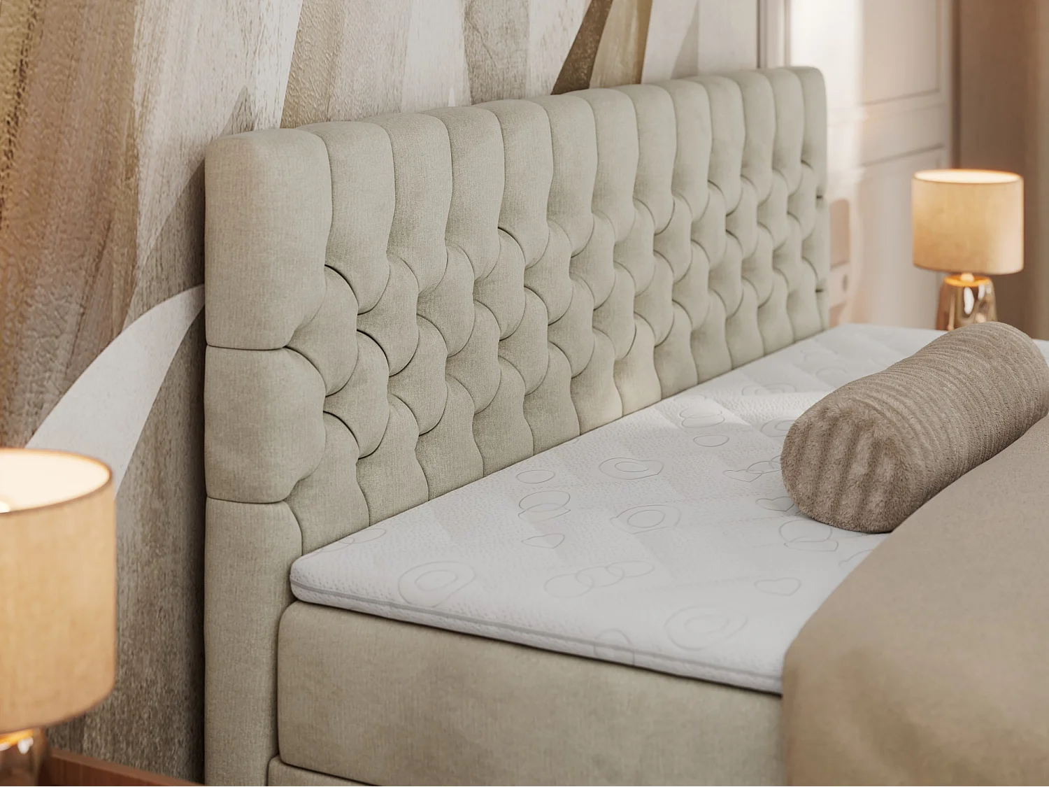 Boxspringbett GRIMALDI mit zwei Bettkästen, gesteppter Kopfstütze, Metallfüßen - 140x200 cm - H3 - Beige Velvet