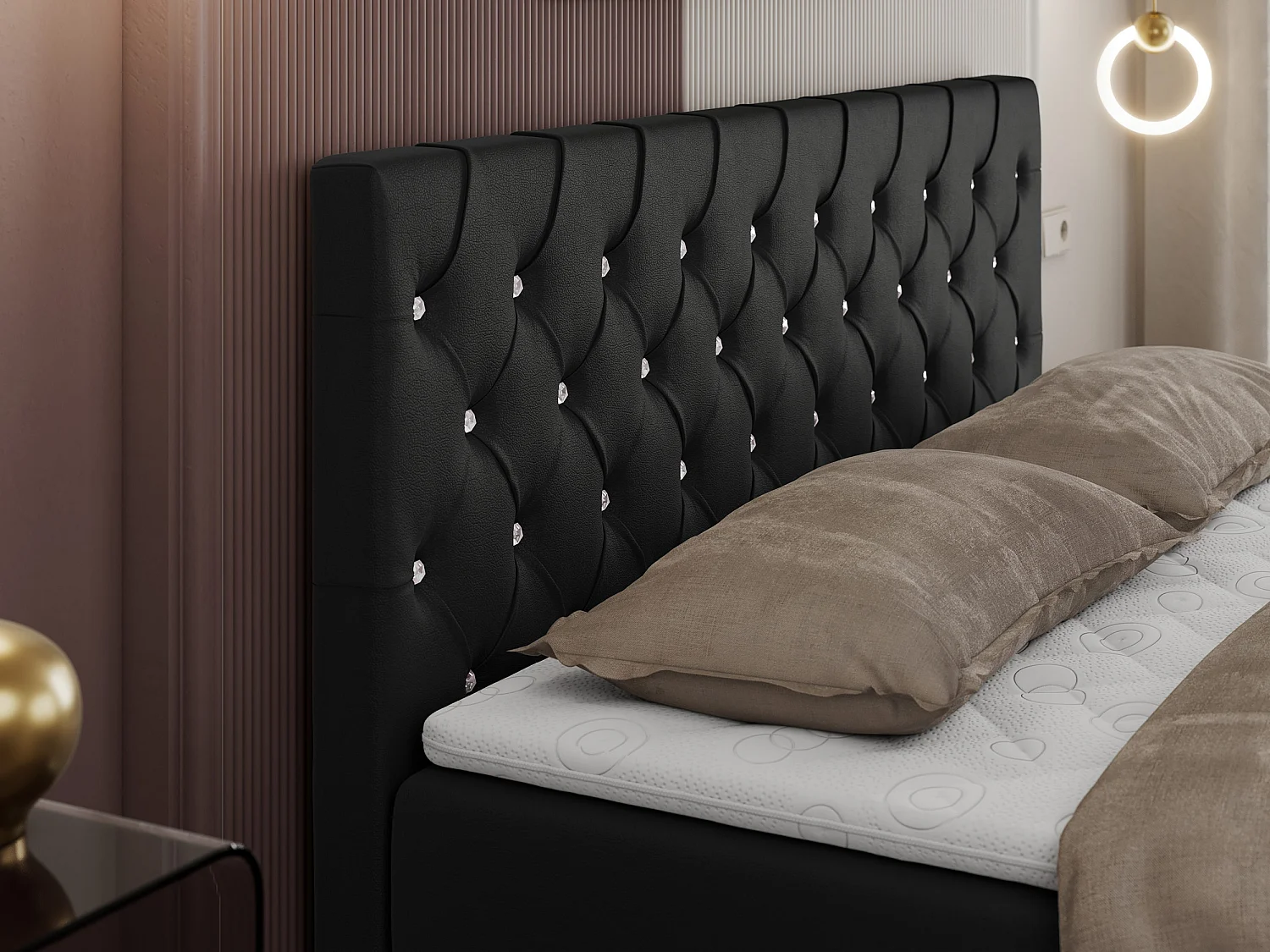 Boxspringbett ROMA mit gestepptem Kopfteil, Multipocket-Matratze, dekorative Füße - 160x200 cm - H3 - Schwarz Kunstleder
