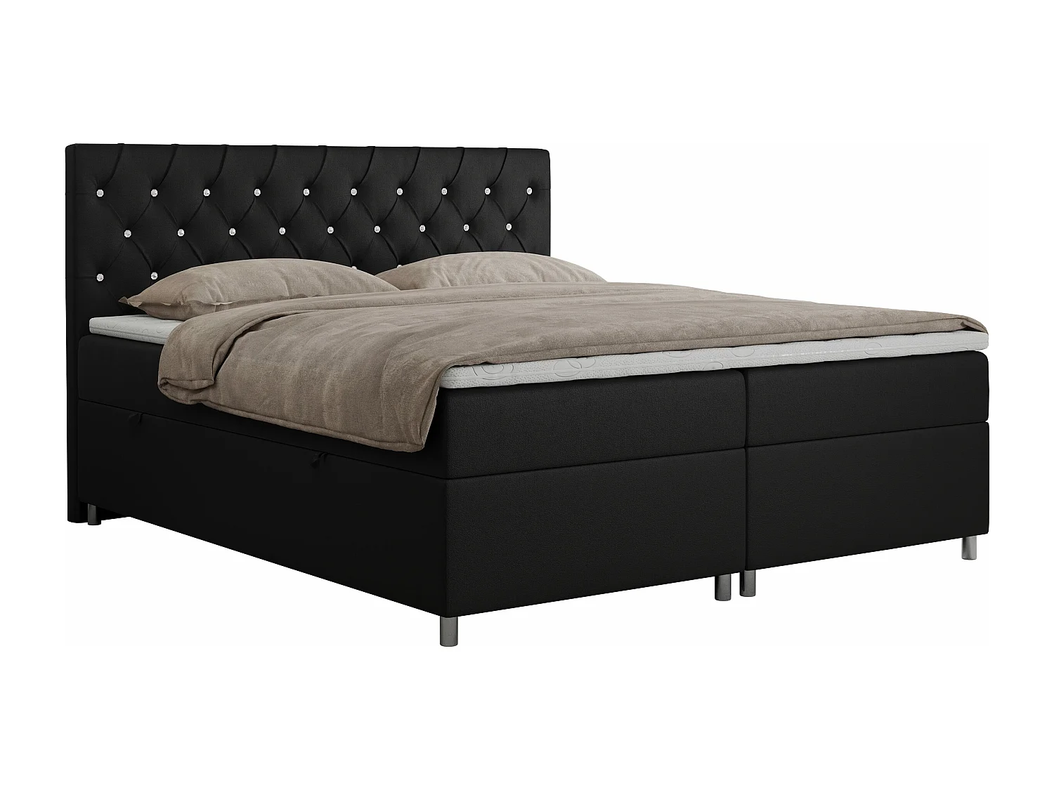 Boxspringbett ROMA mit gestepptem Kopfteil, Multipocket-Matratze, dekorative Füße - 160x200 cm - H3 - Schwarz Kunstleder