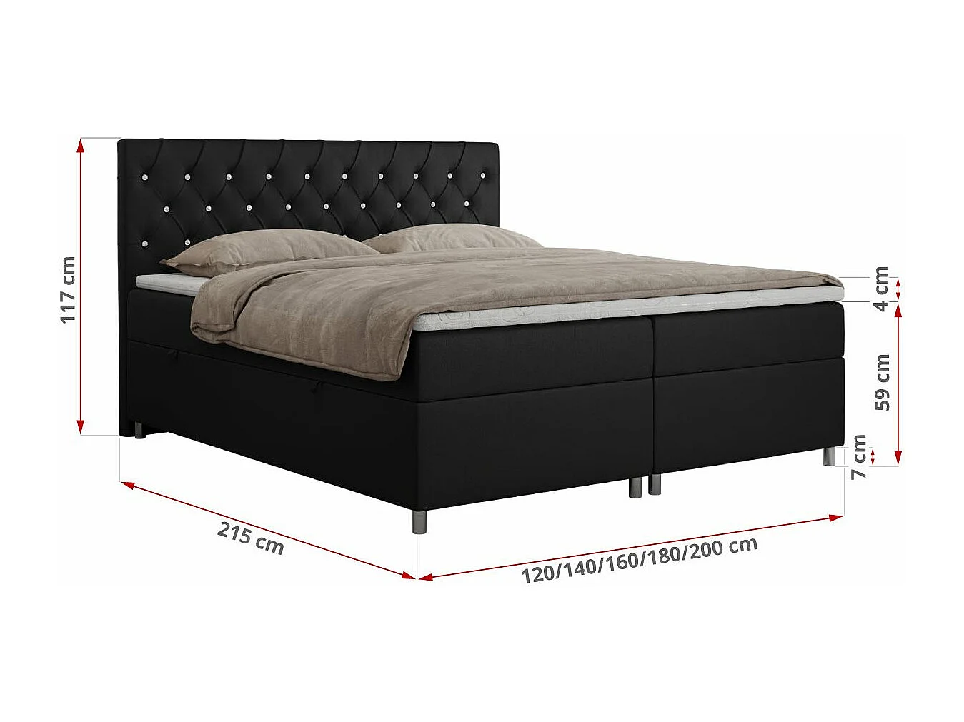 Boxspringbett ROMA mit gestepptem Kopfteil, Multipocket-Matratze, dekorative Füße - 160x200 cm - H3 - Schwarz Kunstleder