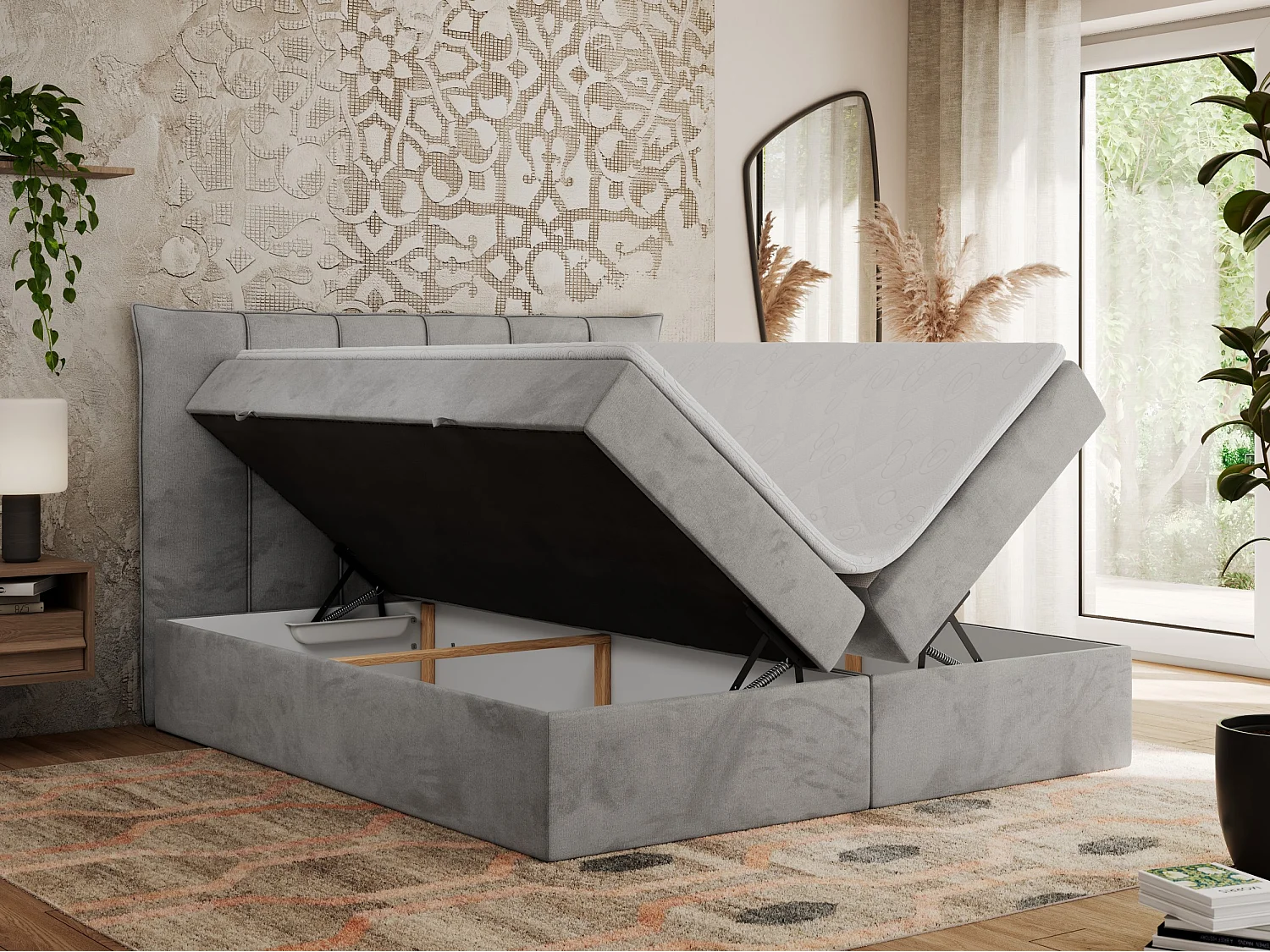 Boxspringbett PREMIUM 10 mit Multipocket-Matratze, gesteppte Kopfstütze, zwei Bettkästen - 120x200 cm - H4 - Hellgrau Velvet