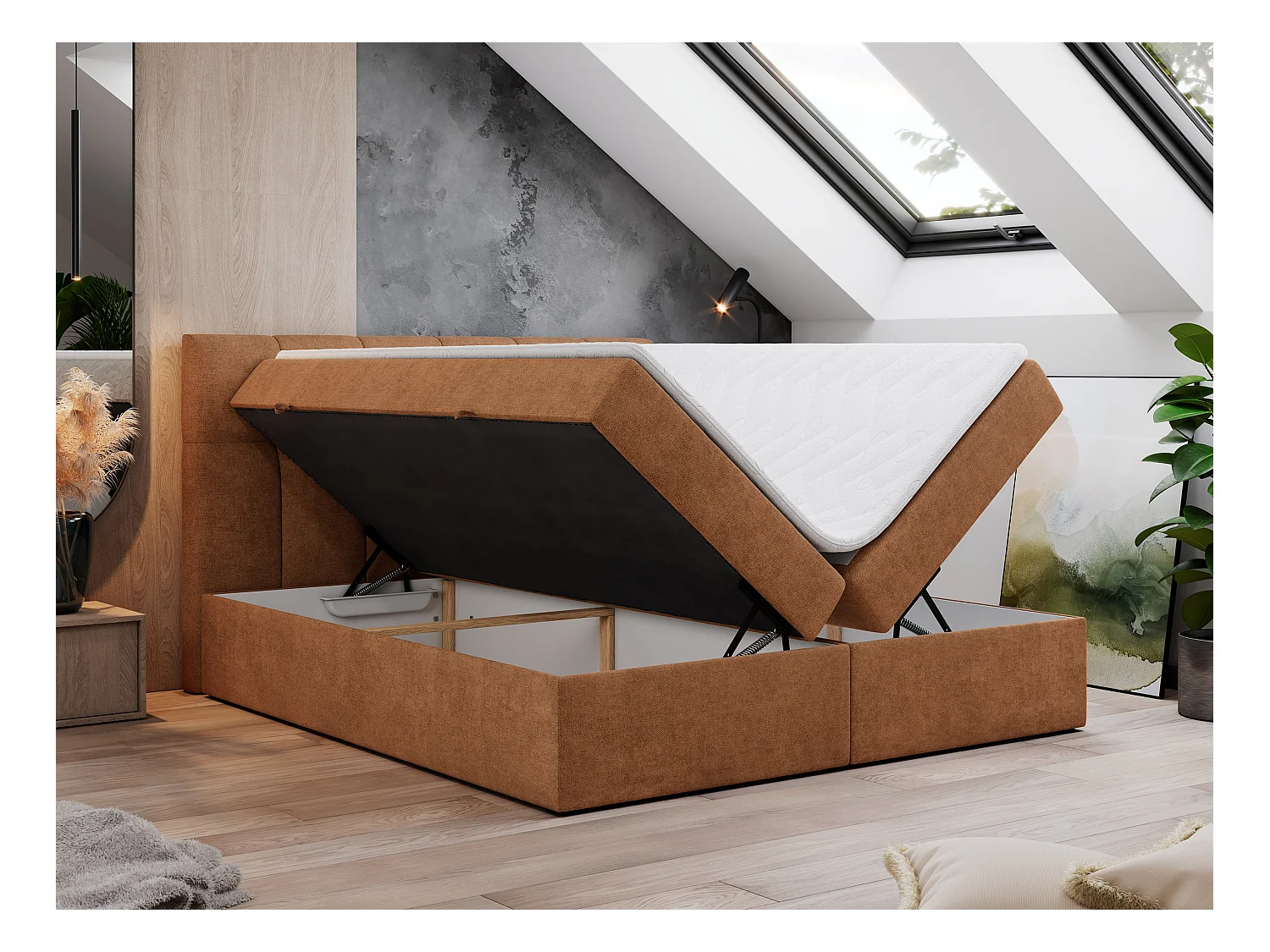 Boxspringbett RICO, Doppelbett mit Matratze, zwei Bettkästen, Bett mit Kopfteil - 120x200 cm - H3 - Orange Stukture