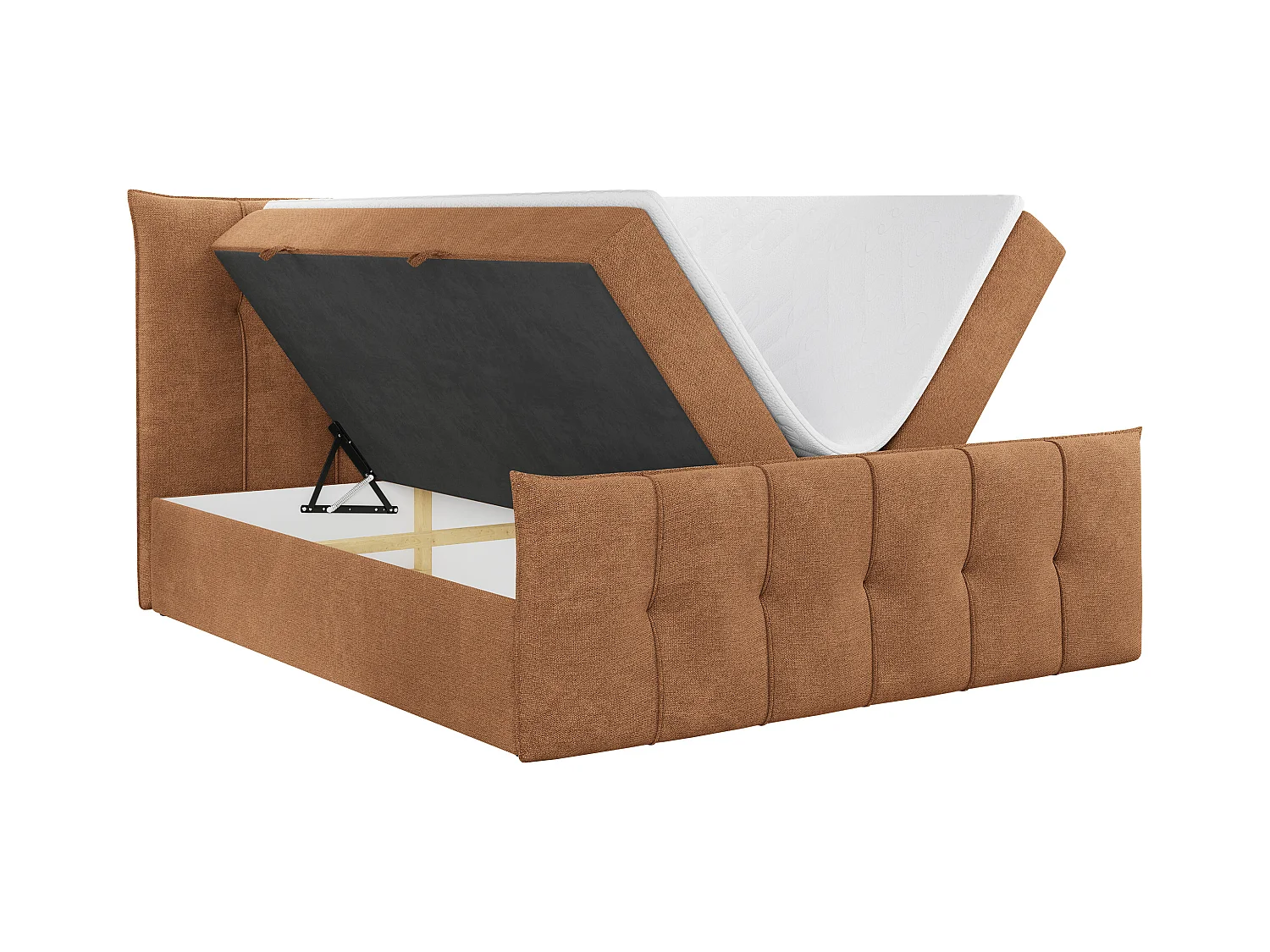 Boxspringbett PREMIUM 11 mit Stauraum, gestepptem Kopfteil, Multipocket-Matratze und Topper - 140x200 cm - H3 - Orange Strukture