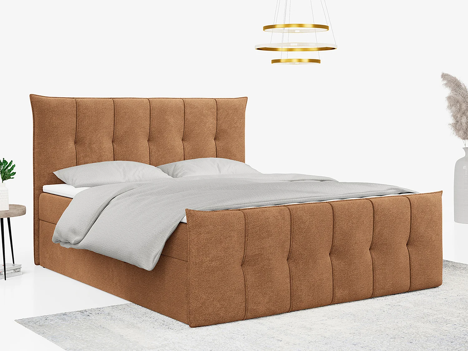 Boxspringbett PREMIUM 11 mit Stauraum, gestepptem Kopfteil, Multipocket-Matratze und Topper - 140x200 cm - H3 - Orange Strukture