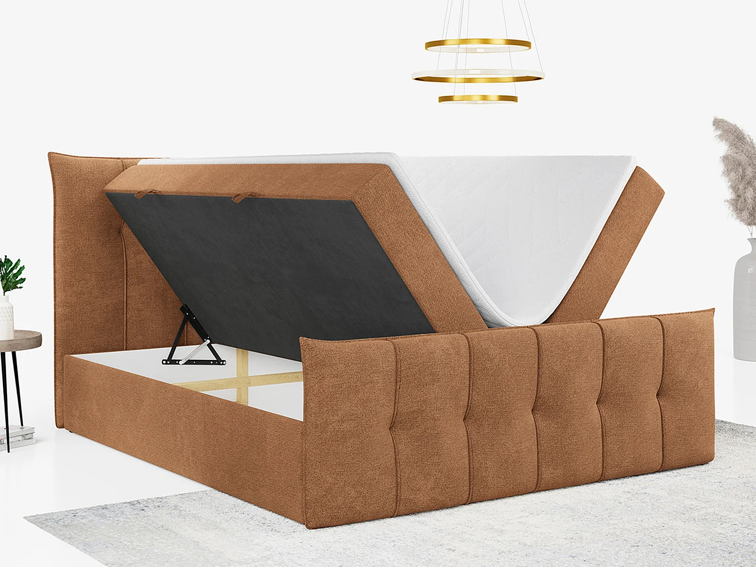 Boxspringbett PREMIUM 11 mit Stauraum, gestepptem Kopfteil, Multipocket-Matratze und Topper - 140x200 cm - H3 - Orange Strukture