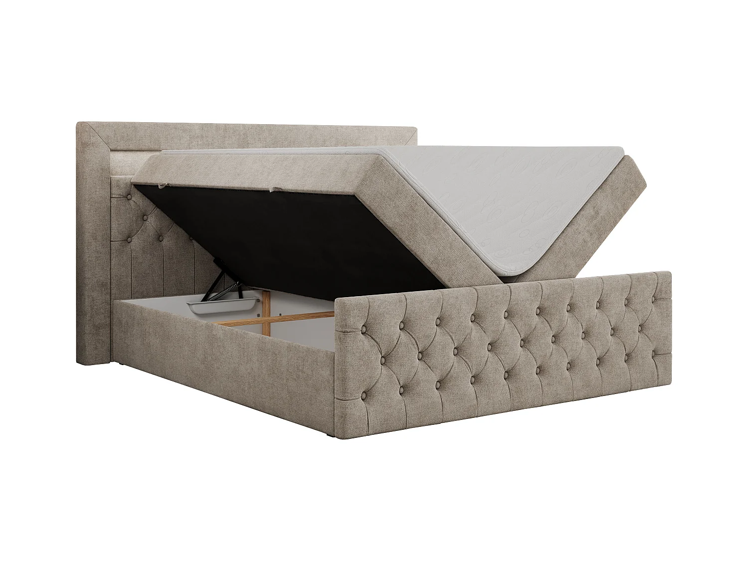Boxspringbett GOLD 9 mit Stauraum, Multipocket-Matratze, gestepptes Bett, LED Beleuchtung - 180x200 cm - H4 - Beige Strukture