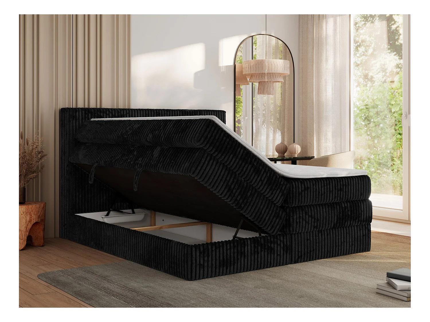 Boxspringbett TILIANO KING, Multipocket-Matratze, Cord Bett, Kopfteil und zwei Bettkästen - 160x200 cm - H3 - Schwarz Cord