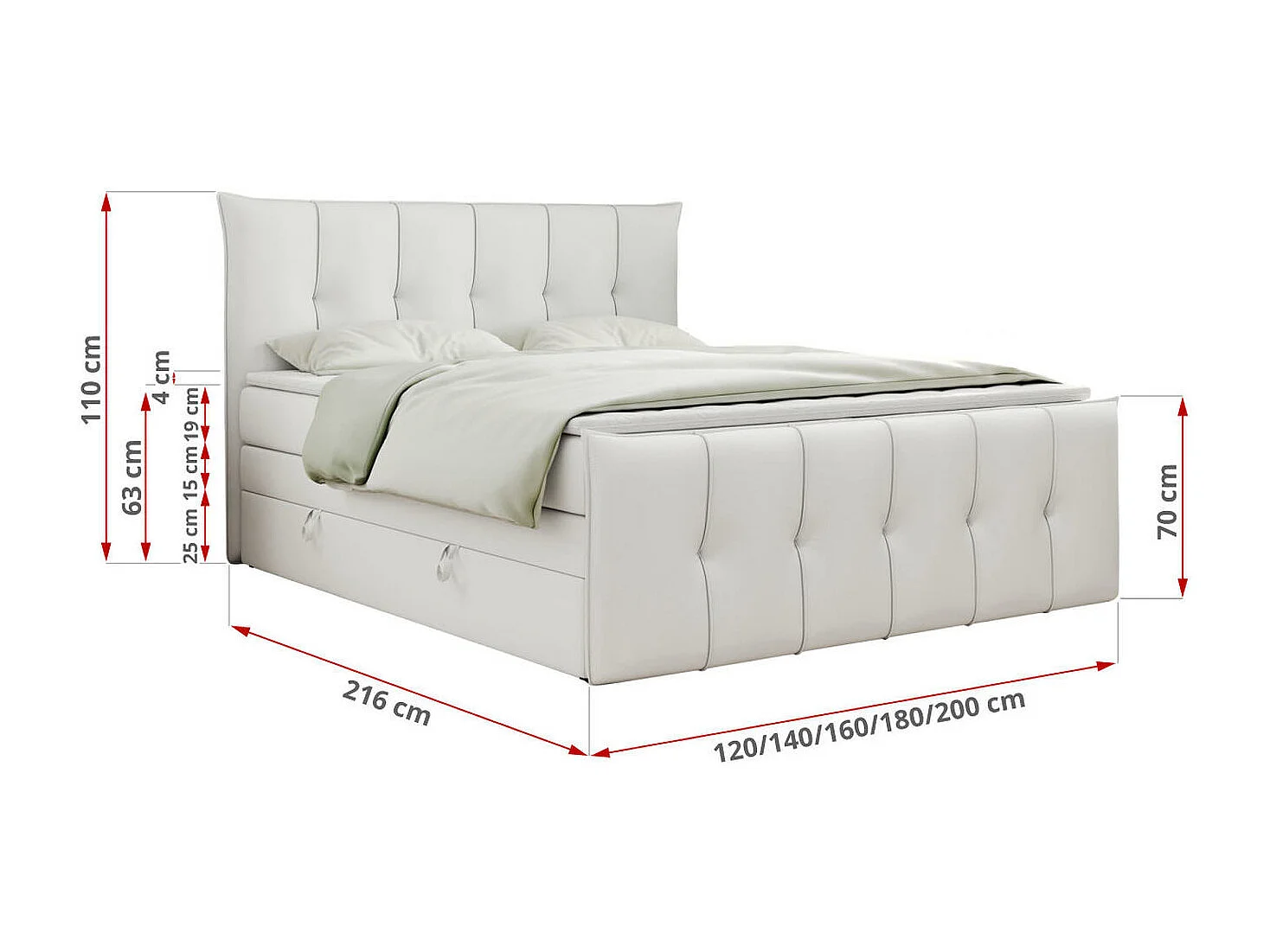 Boxspringbett PREMIUM 11 KING mit Stauraum, gestepptes Kopfteil, zwei Multipocket-Matratzen - 200x200 cm - H3 - Weiß Kunstleder