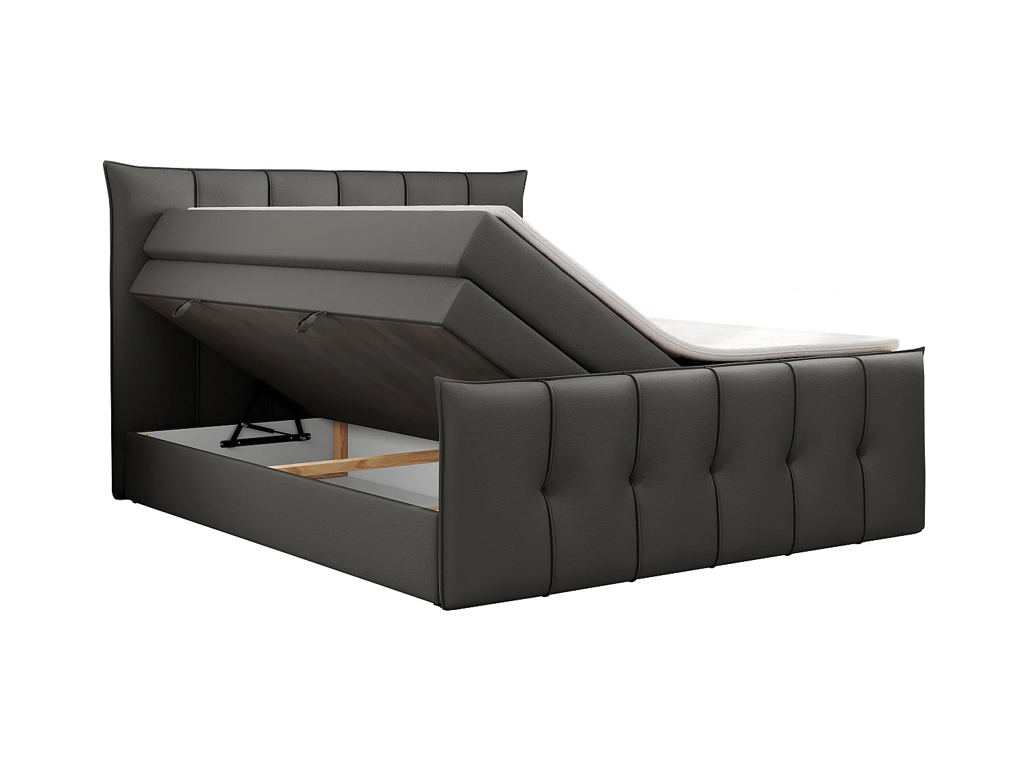 Boxspringbett PREMIUM 11 KING mit Stauraum, gestepptes Kopfteil, zwei Multipocket-Matratzen - 200x200 cm - H3 - Dunkelgrau Kunstleder