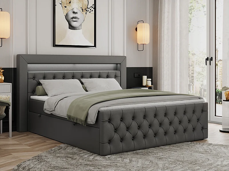 Boxspringbett GOLD 9 mit Stauraum, Multipocket-Matratze, gestepptes Bett, LED Beleuchtung - 140x200 cm - H3 - Dunkelgrau Kunstleder