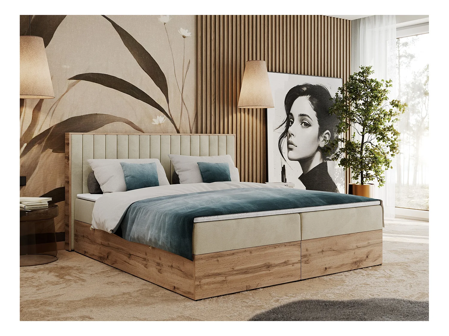 Boxspringbett ALBERO 4, Eiche Wotan Holzrahmen, mit Stauraum, genähtes Kopfteil - 200x200 cm - H4 - Beige Velvet