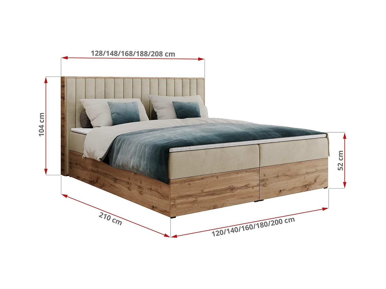 Boxspringbett ALBERO 4, Eiche Wotan Holzrahmen, mit Stauraum, genähtes Kopfteil - 200x200 cm - H4 - Beige Velvet
