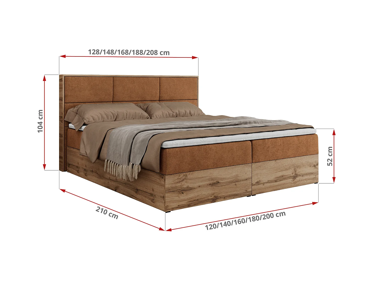 Boxspringbett ALBERO 2 mit Topper und Multipocket-Matratze, Stauraum, Holzrahmen - 160x200 cm - H3 - Orange Strukture