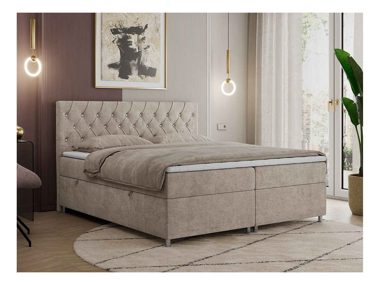 Boxspringbett ROMA mit gestepptem Kopfteil, Multipocket-Matratze, dekorative Füße - 120x200 cm - H4 - Beige Strukture